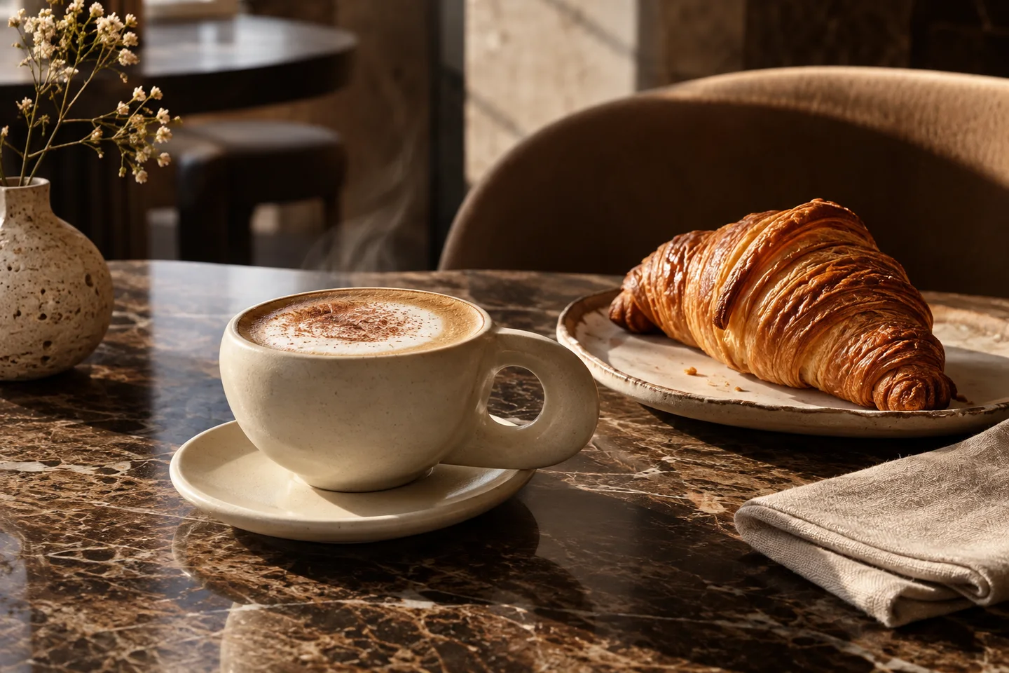 Café de especialidad y croissant en Bruma