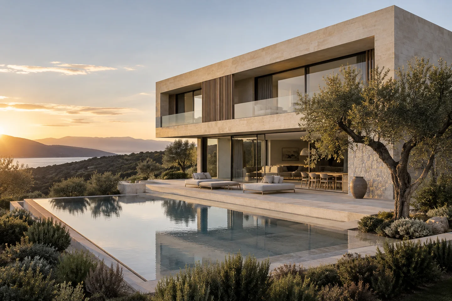 Casa contemporánea de piedra con jardín y piscina